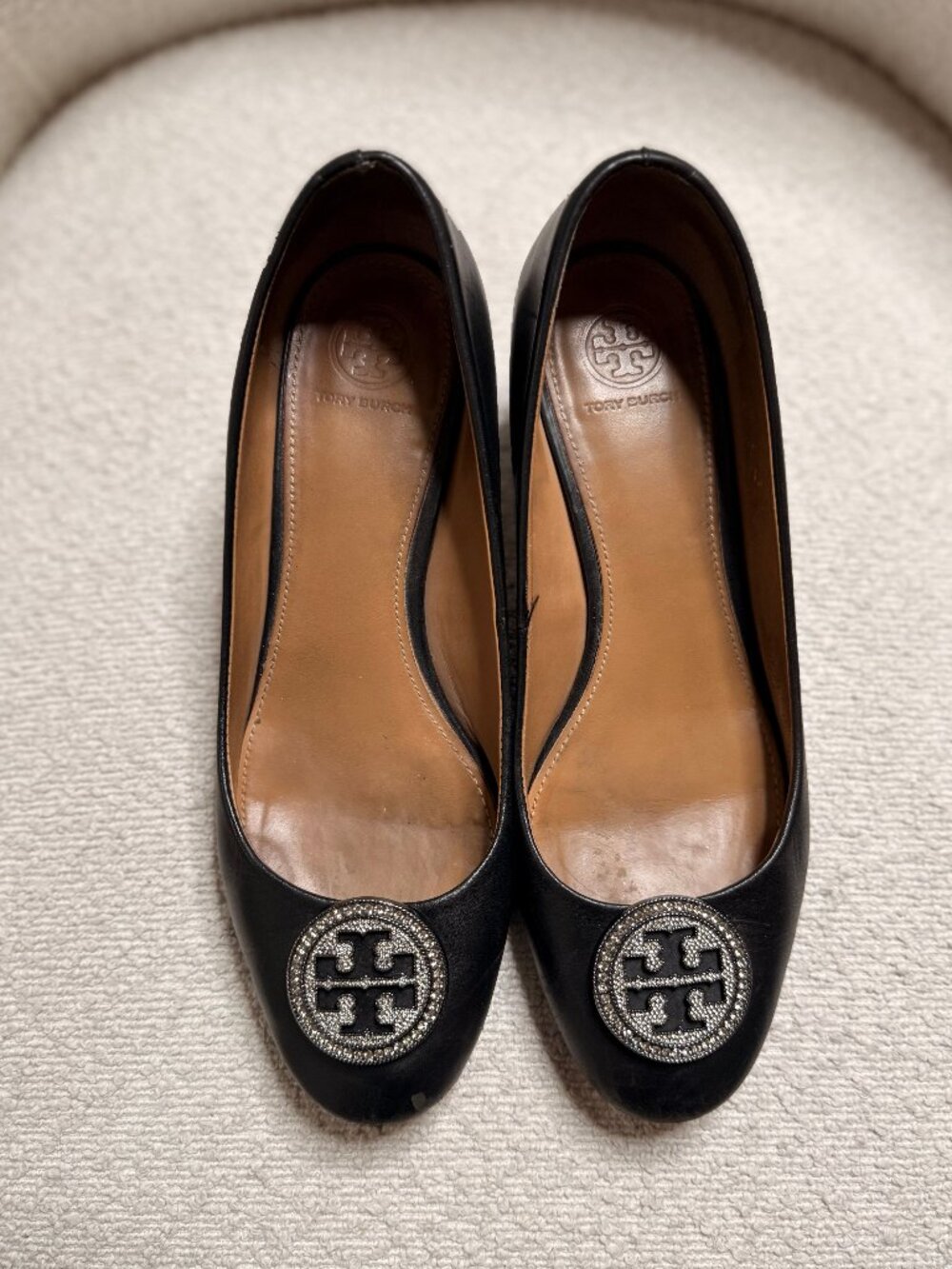 Tory Burch Black Leather with Crystal Logo Medallion (Block Heels) 8.5